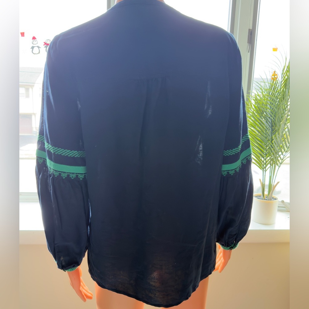 J. Crew Navy Blue Peasant Blouse with Green Embroidery - Picture 6 of 12